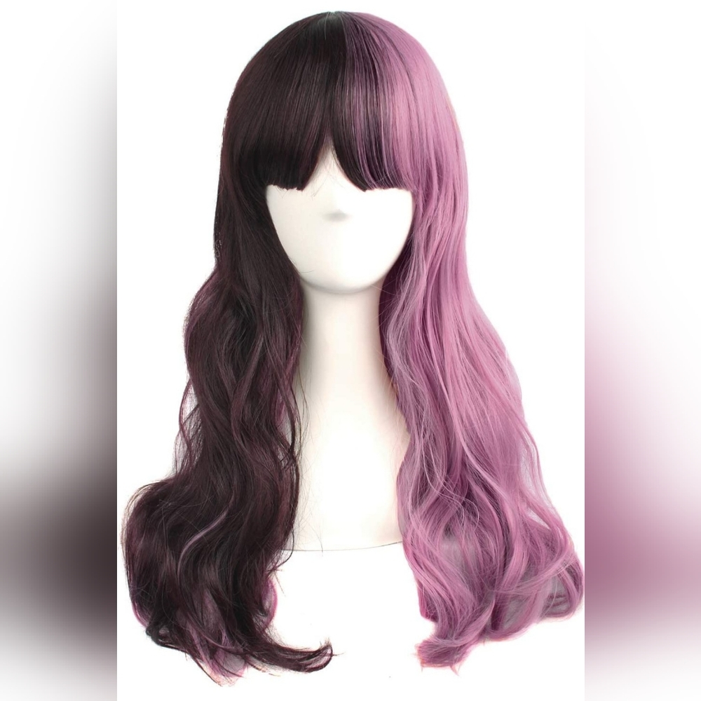 New long layered 28" pinkish purple and chestnut brown synthetic wavy wig